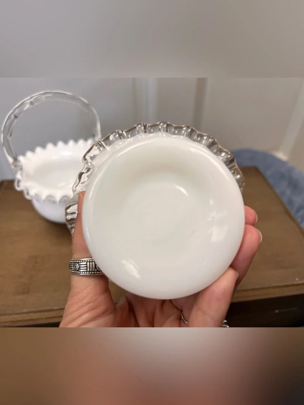 Vintage White Milk Glass Basket and White Milk Glass Ruffled Dish (set 2)